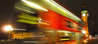 double decker bus at night in london